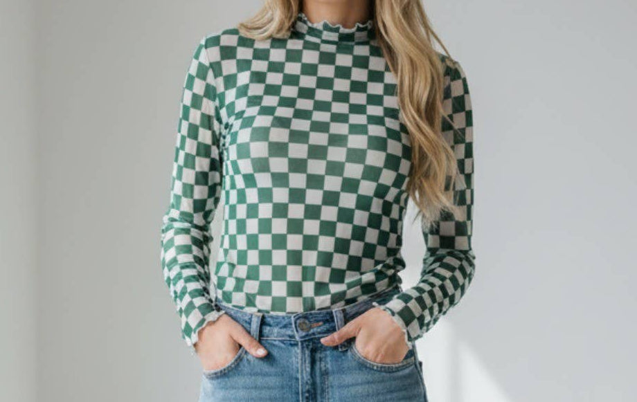 Wavy Checkered Mesh Mock Neck Top