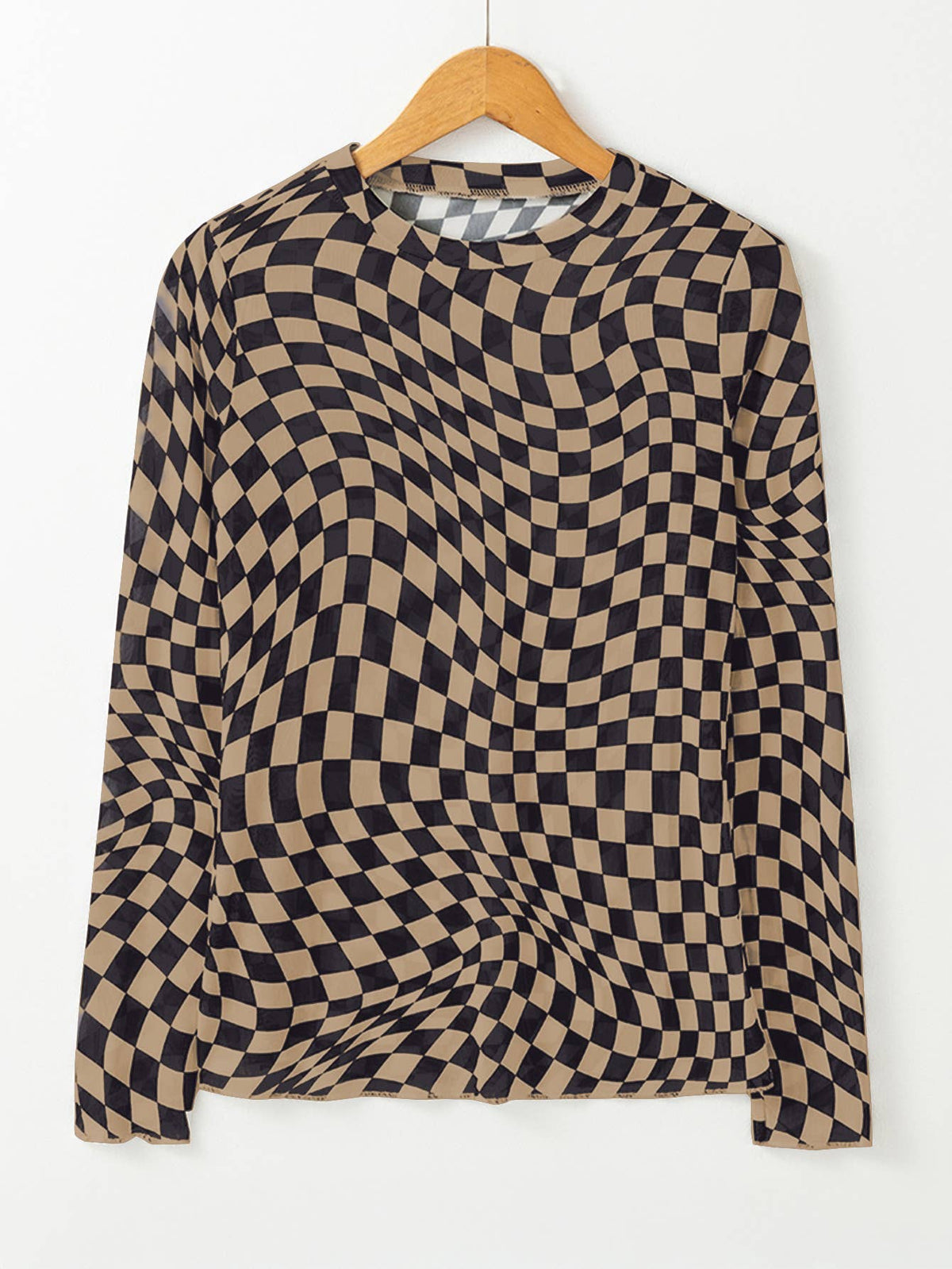 Checkered Mesh Mock Neck Top