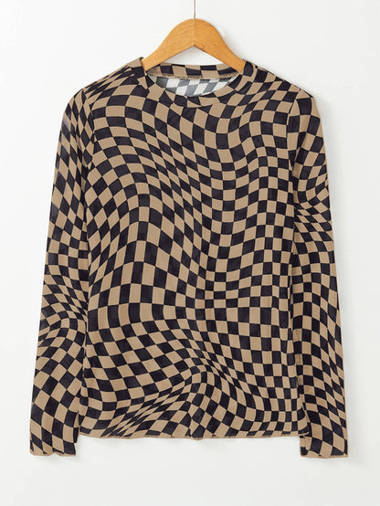 Checkered Mesh Mock Neck Top