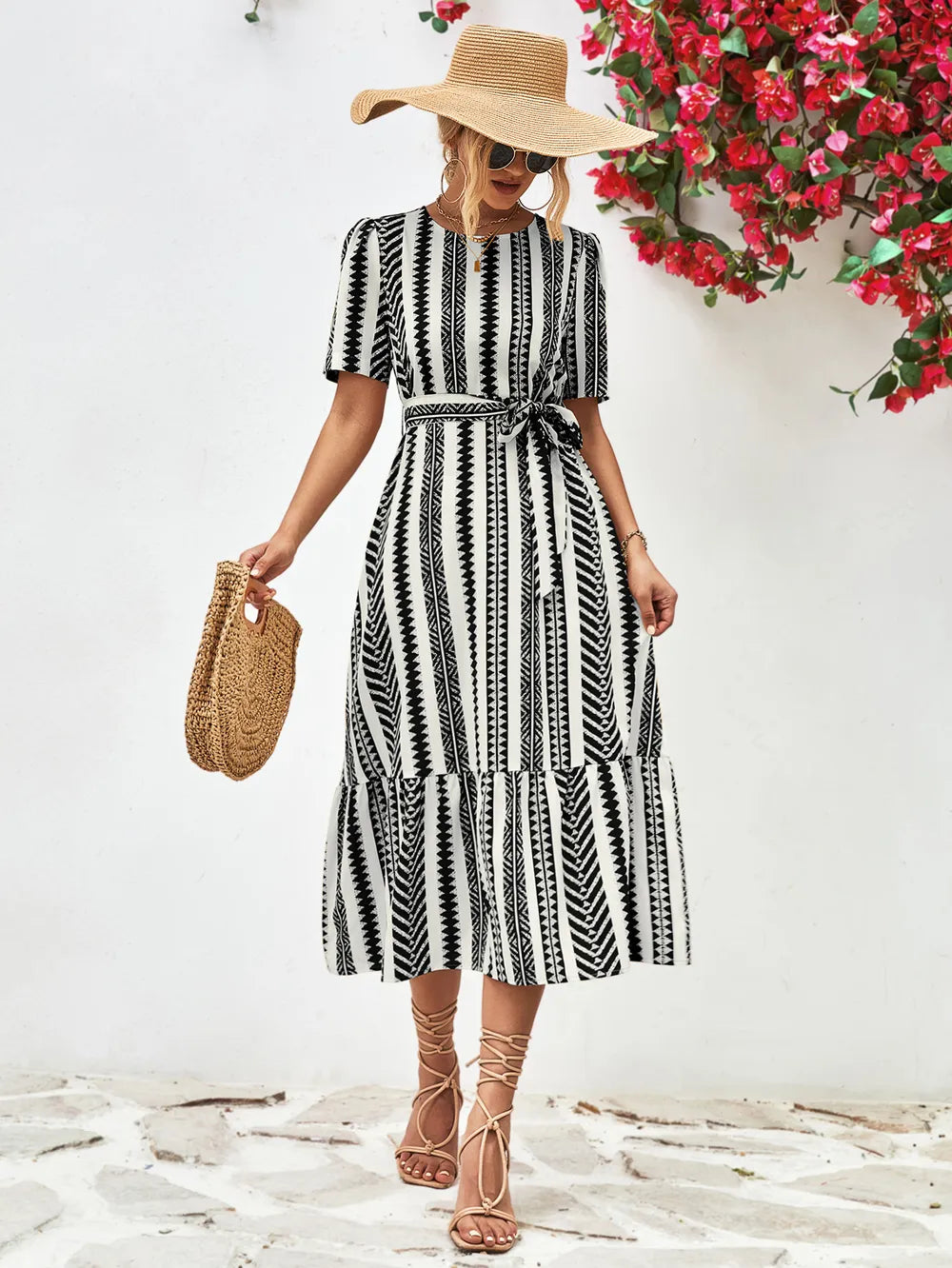 Striped Belt Round Neck Puff Sleeve Dress