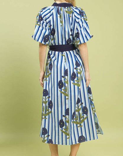 Striped Floral Maxi Dress With Waist Tie