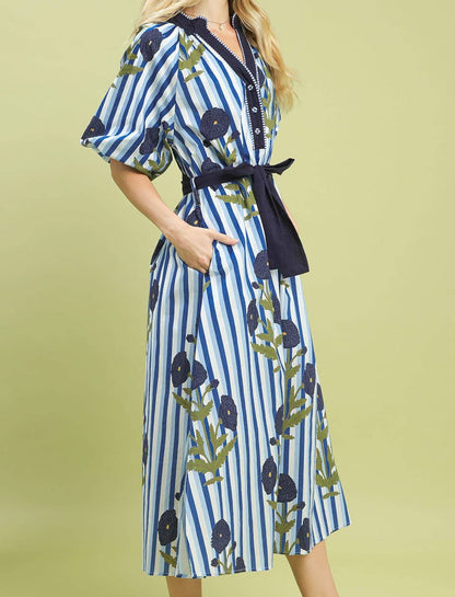 Striped Floral Maxi Dress With Waist Tie