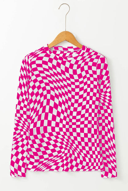 Checkered Mesh Mock Neck Top