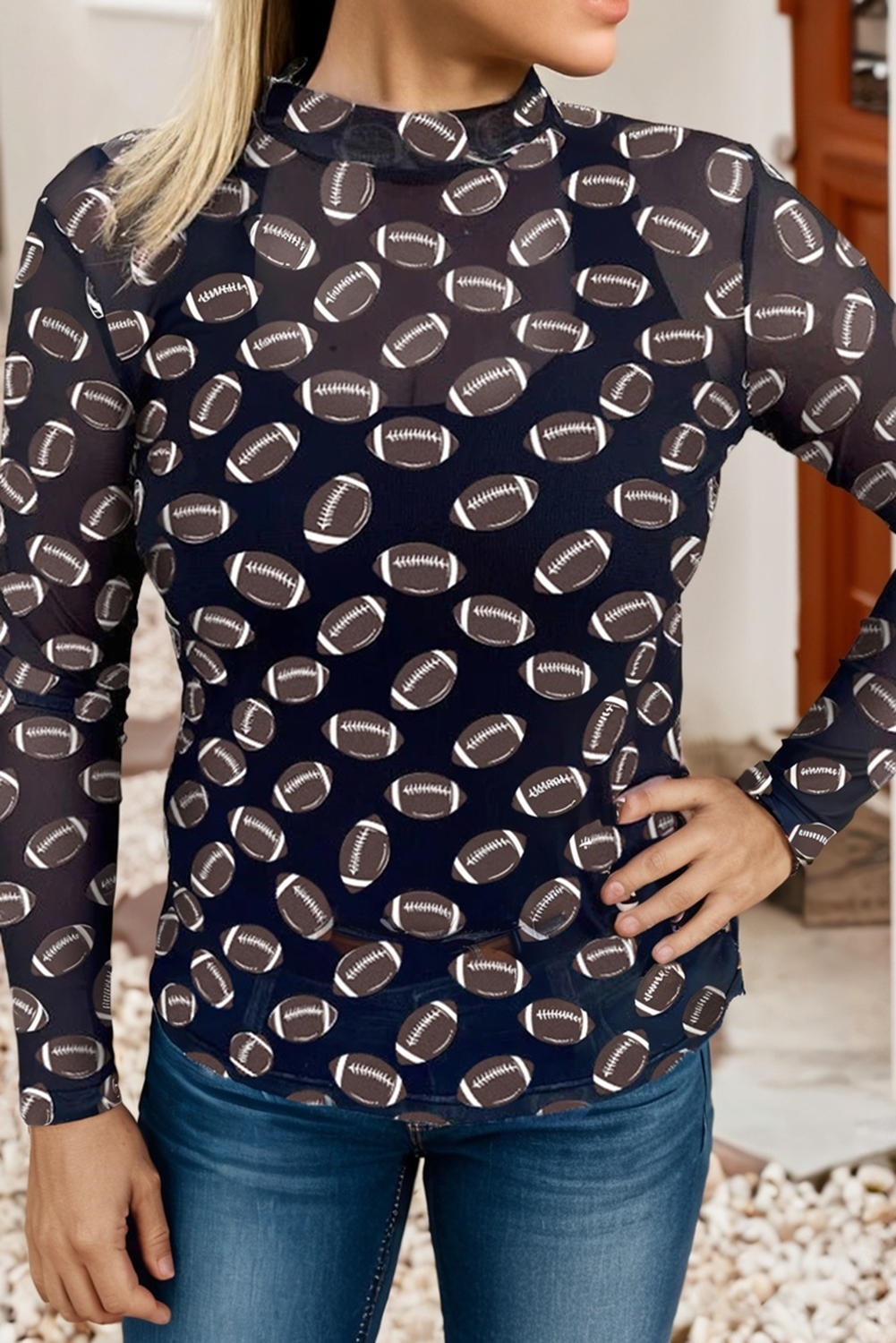 LDC Game Day Rugby Mesh Sheer Long Sleeve Top: Brown / M