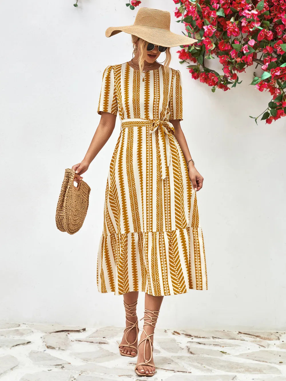 Striped Belt Round Neck Puff Sleeve Dress