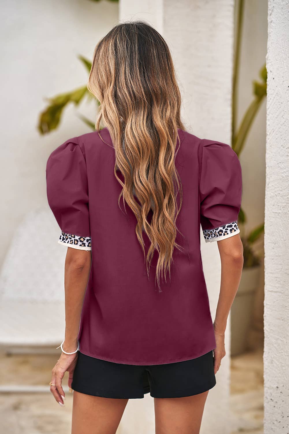 Contrast Leopard Trim Split Neck Puff Sleeve Blouse: Red Dahlia