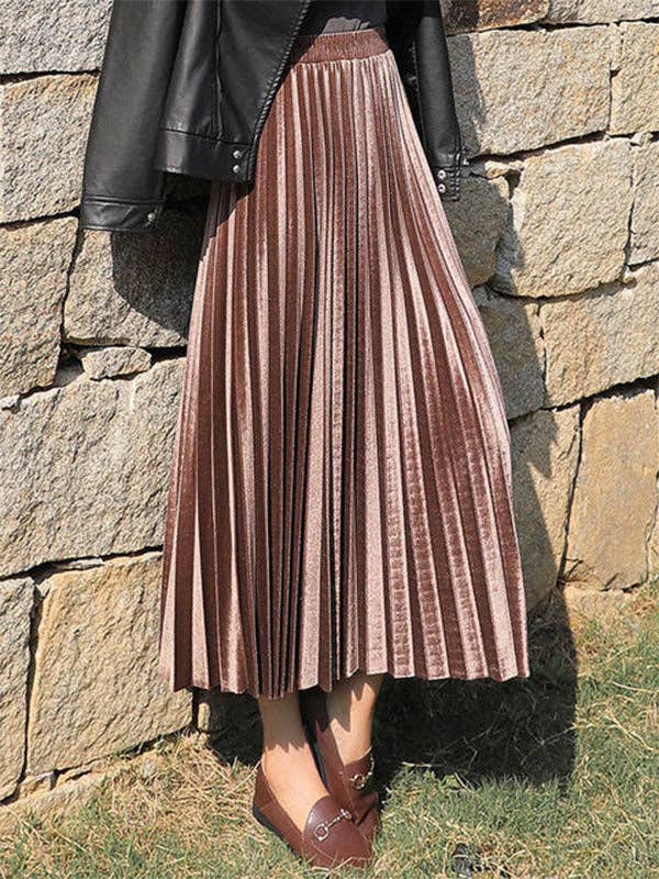 Solid Color High-Waist Pleated A-Line Skirt: Champagne