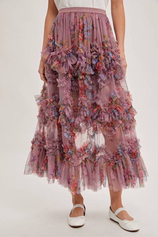 FLORAL RUFFLED MESH MIDI SKIRT: MAUVE