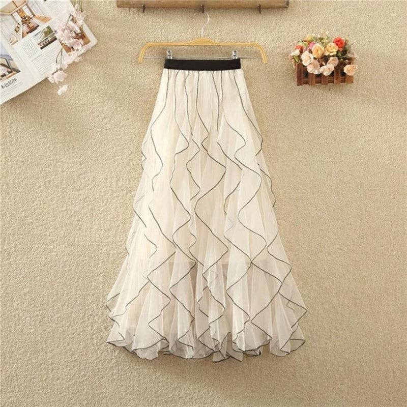 Fashionable Medium-Length Wavy Mesh Tulle Skirt: Apricot / One_size