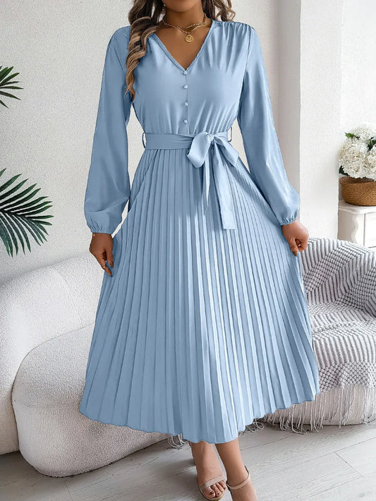 Women's Pleated Tied V-Neck Long Sleeve Dress