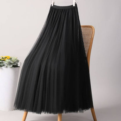 SOLID COLOR ELASTIC-WAIST MESH TULLE A-LINE SKIRT_CWBLS0372: Black