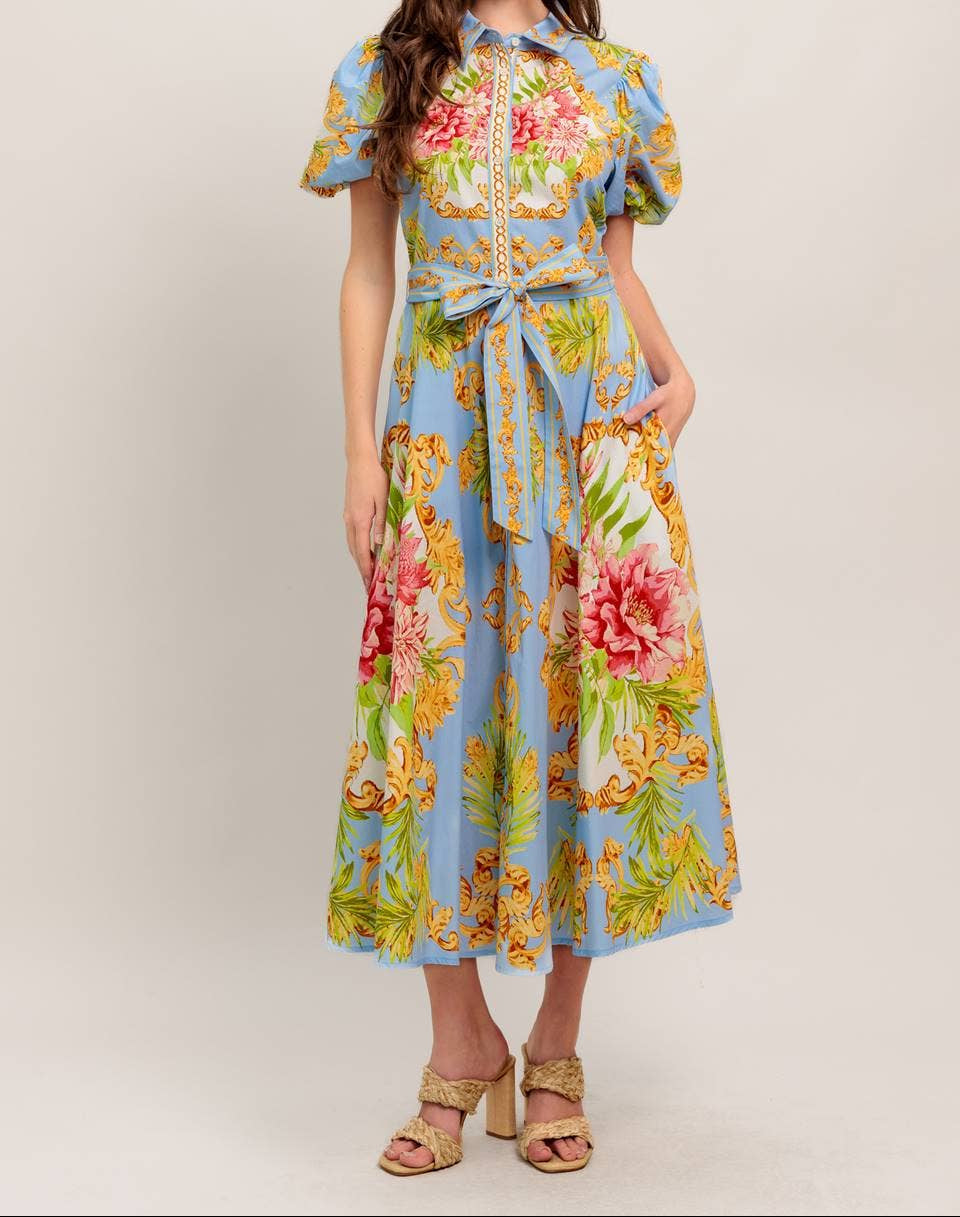 Light Blue Multi Printed Midi Dress