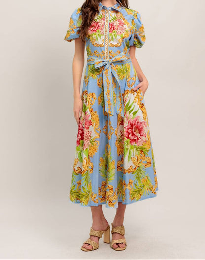 Light Blue Multi Printed Midi Dress