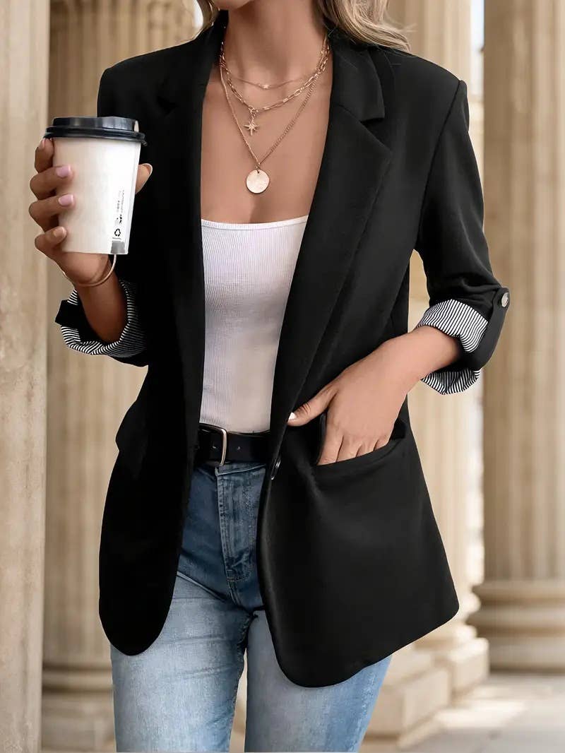 Classic Button-Up Roll Sleeve Blazer