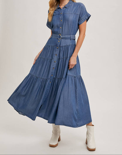 Button Front Short Sleeved Tiered Maxi Denim Dress