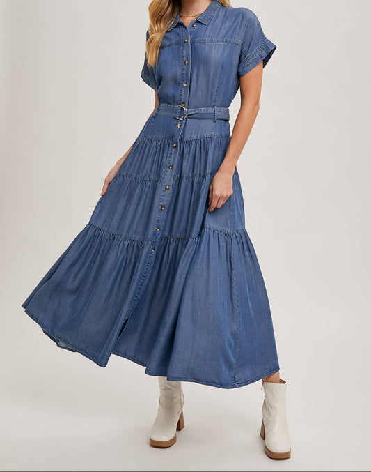 Button Front Short Sleeved Tiered Maxi Denim Dress