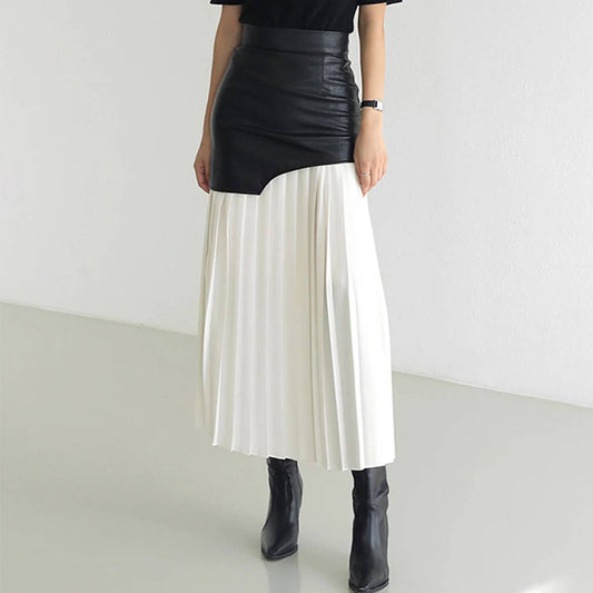 HIGH WAIST PATCHWORK PLEATED COLOR SKIRT: BLACK/WHITE