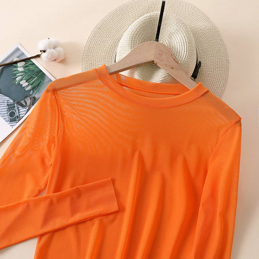Candy Color Blouse - Long Sleeve Mesh Top_CWTBLL3620: Orange