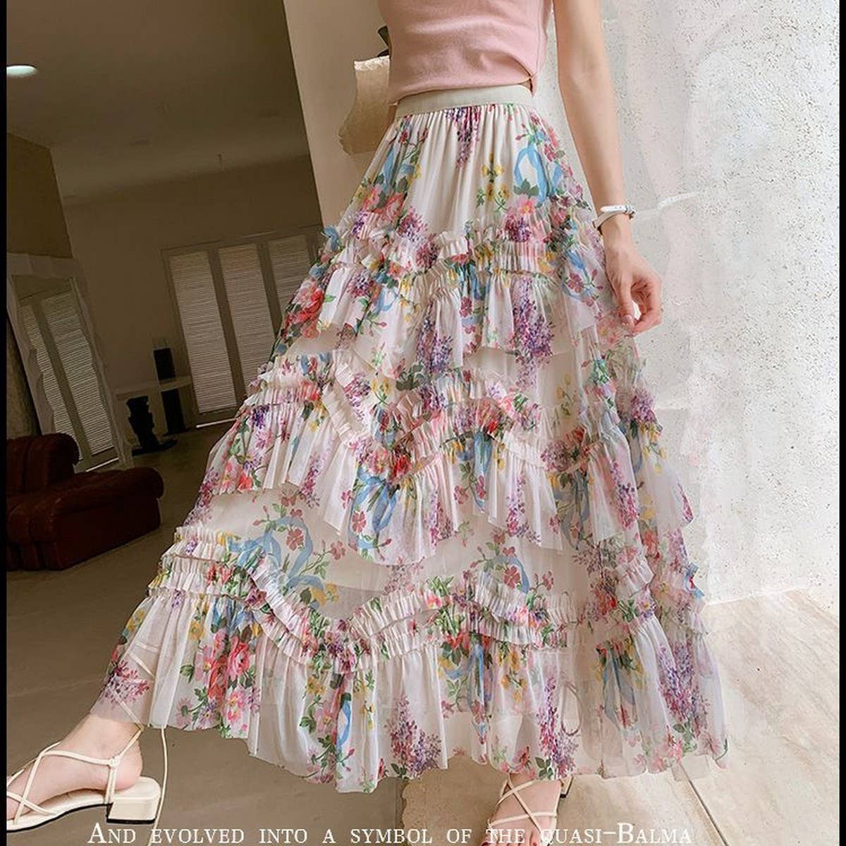 COLORFUL FLORAL MESH PRINT PLEATED TULLE SKIRT_CWBLS0399: APRICOT / (OS)