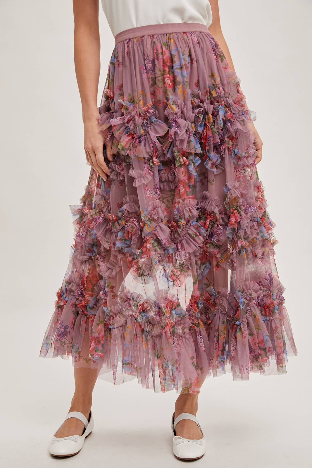 FLORAL RUFFLED MESH MIDI SKIRT: MAUVE