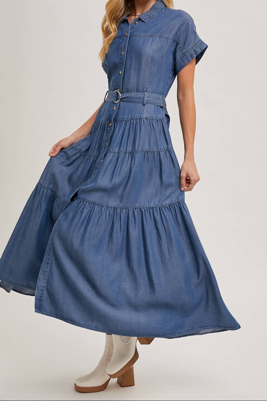 Button Front Short Sleeved Tiered Maxi Denim Dress