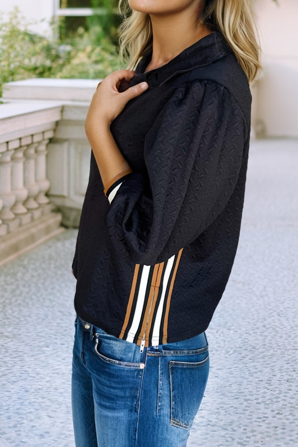 Textured Colorblock 3/4 Sleeve Collared Blouse: Black