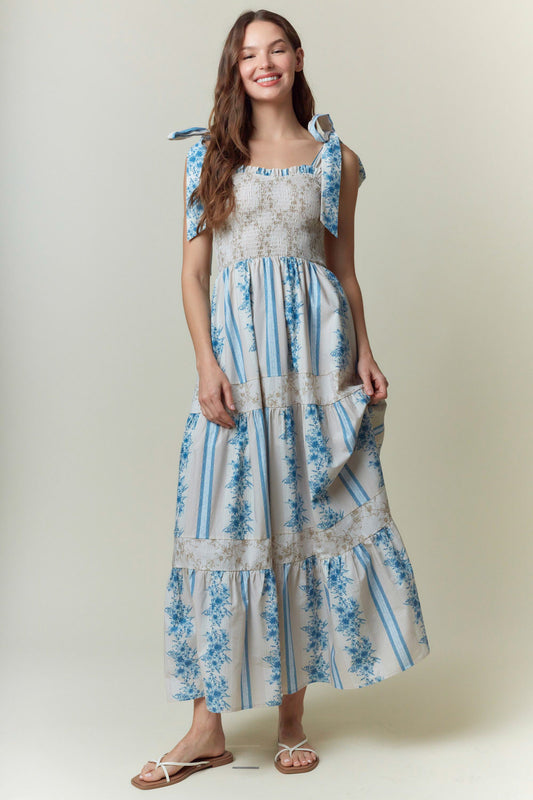 Floral Printed Shoulder Tie Maxi Dress