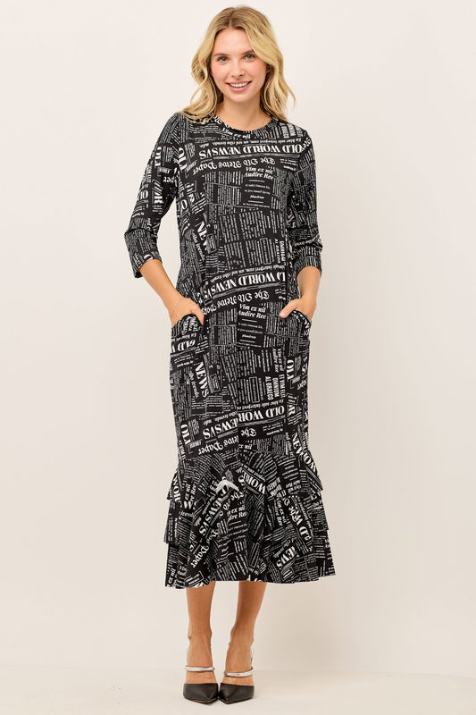 Plus Size Black Newspaper Modest Tiered Dress