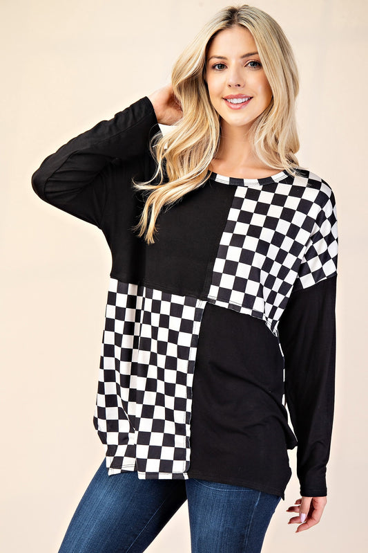 Plus Size Checkered Contrast Top with Asymmetrical Hemline